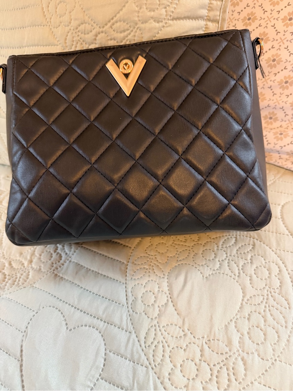 Valentino Orlandi Black Quilted Crossbody with Gold V Accent